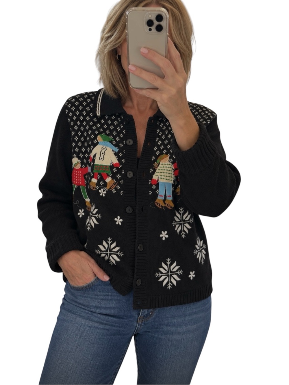 Vintage Reference Point holiday cardigan sweater with embroidered ice skaters